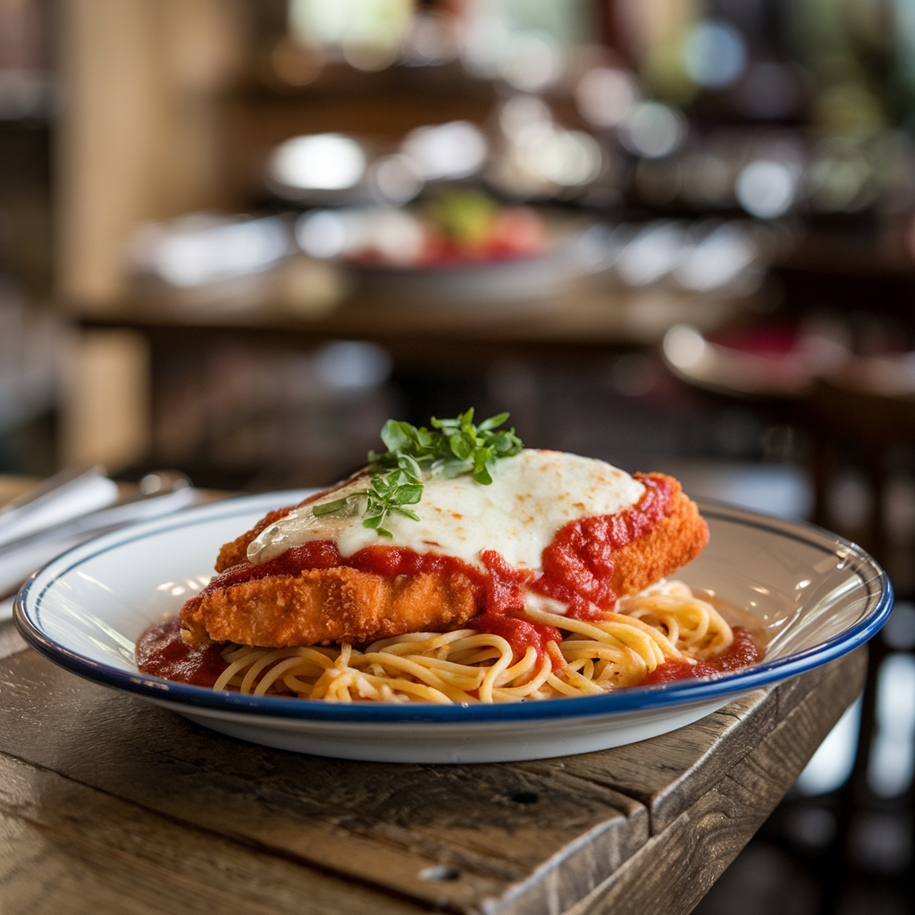 Chicken Parmesan with marinara sauce and melted mozzarella served with spaghetti on a rustic wooden table.