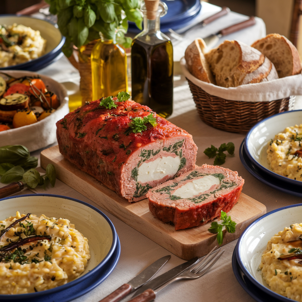 A beautifully plated Italian meatloaf topped with tomato basil sauce, served with roasted zucchini, eggplant, and bell peppers seasoned with Italian herbs