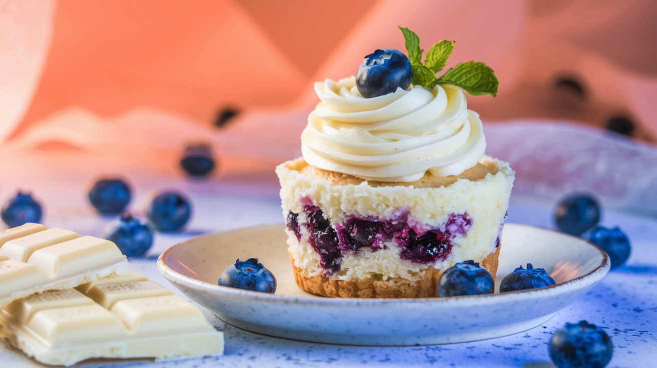 White Chocolate Blueberry Cheesecake Cupcake on a plate, topped with creamy frosting, a fresh blueberry, and mint leaves, surrounded by blueberries and white chocolate bars