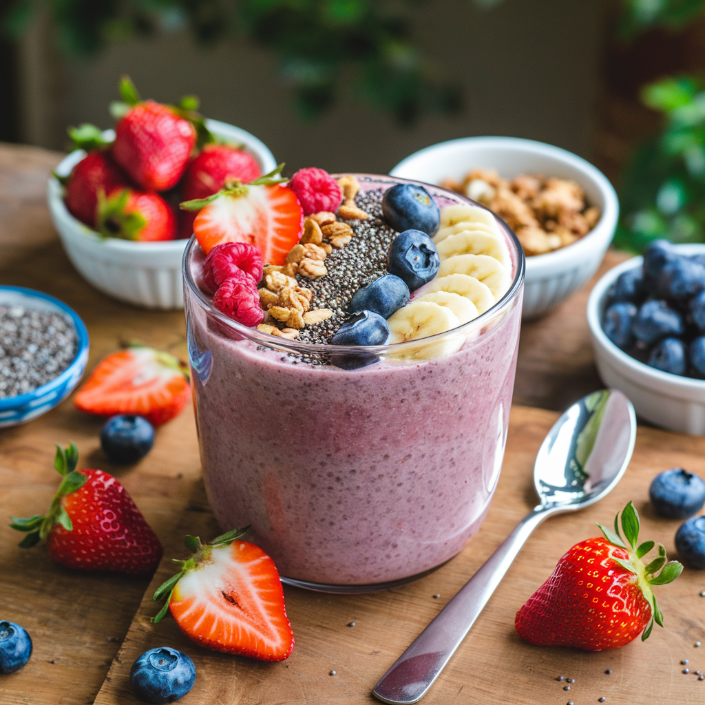 Healthy breakfast ideas: A colorful smoothie bowl with fresh fruits, granola, and chia seeds on a wooden table.