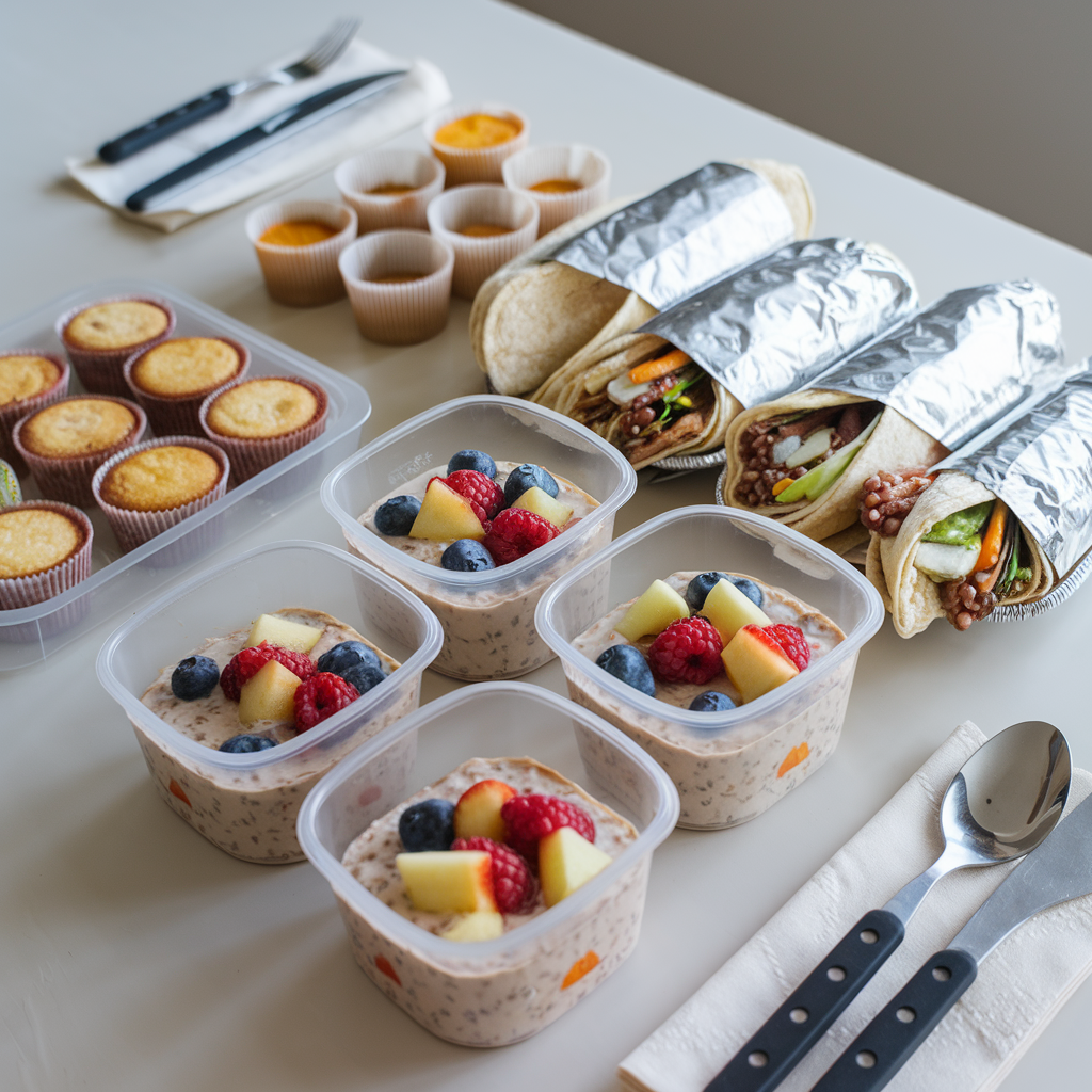 Easy breakfast ideas: Meal prep containers with overnight oats, breakfast wraps, and muffins for busy mornings