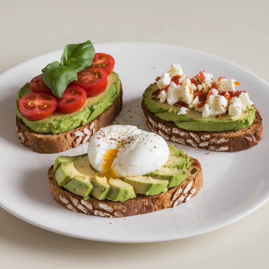 Nutritious breakfast ideas: Avocado toast with cherry tomatoes, poached egg, and feta cheese on a white plate