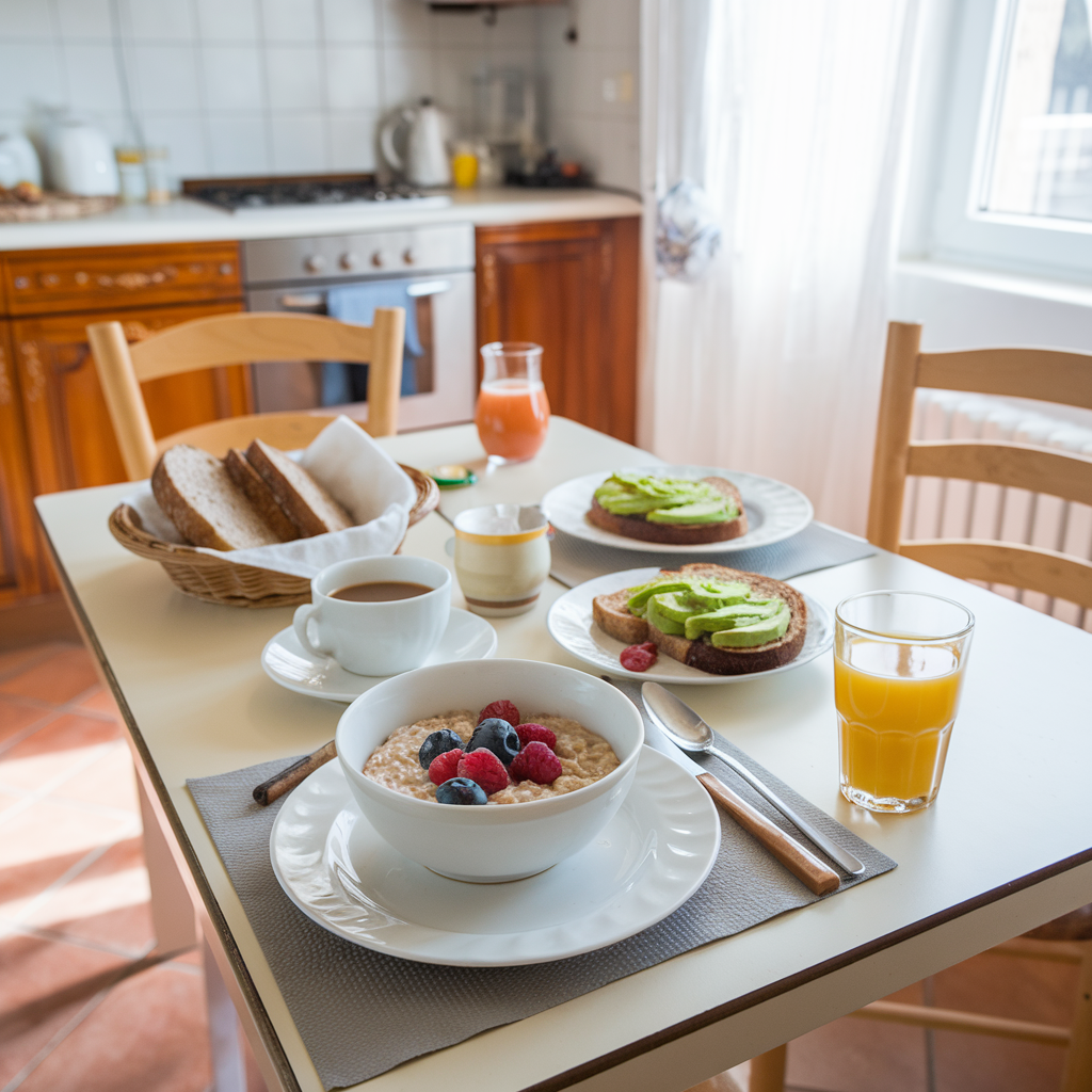 Healthy breakfast spread with oats, fruits, and coffee