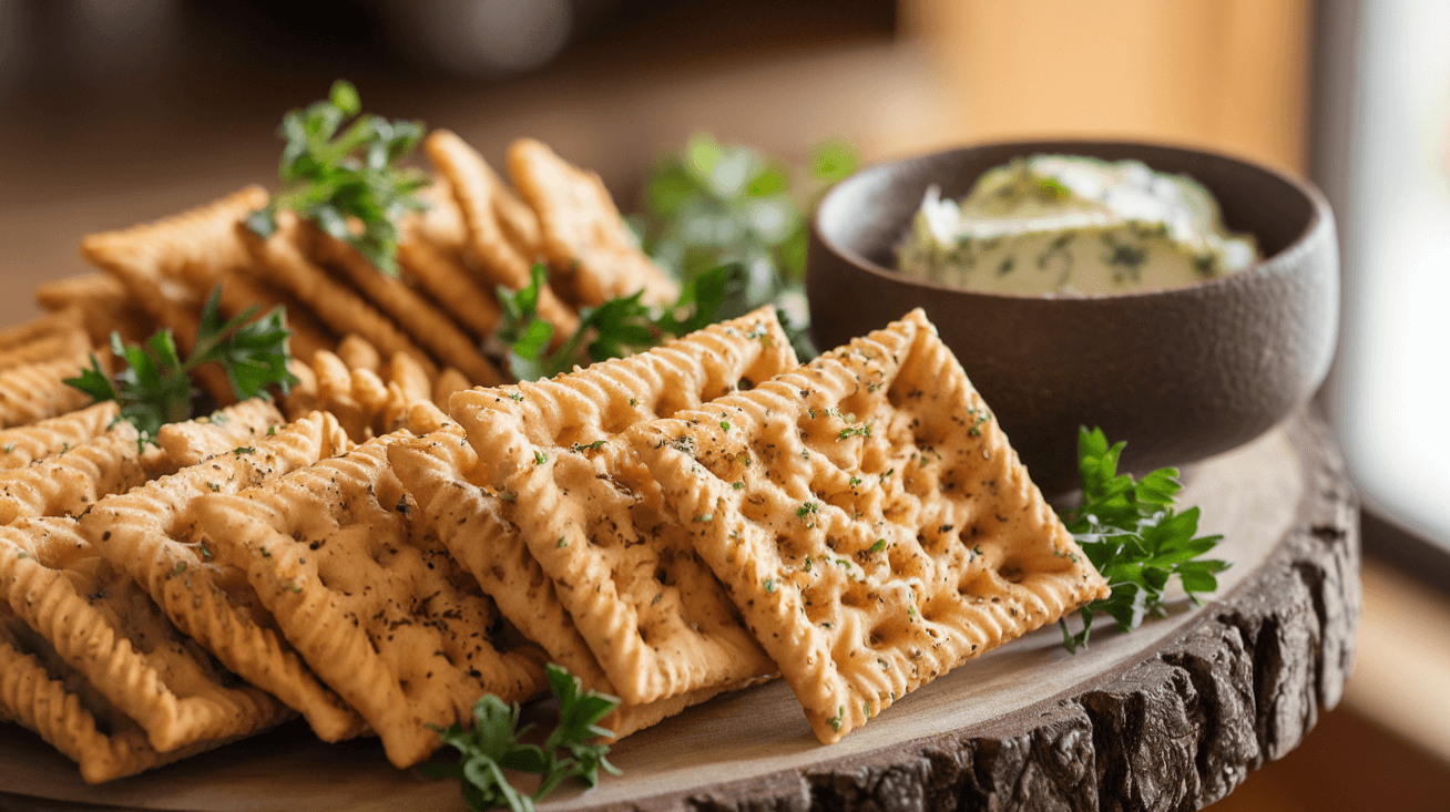 Golden Garlic Ritz Snacks on a serving board