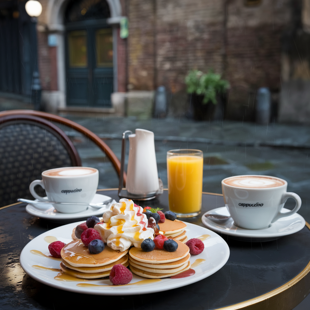 pancakes topped with berries, whipped cream, and maple syrup on a white plate.