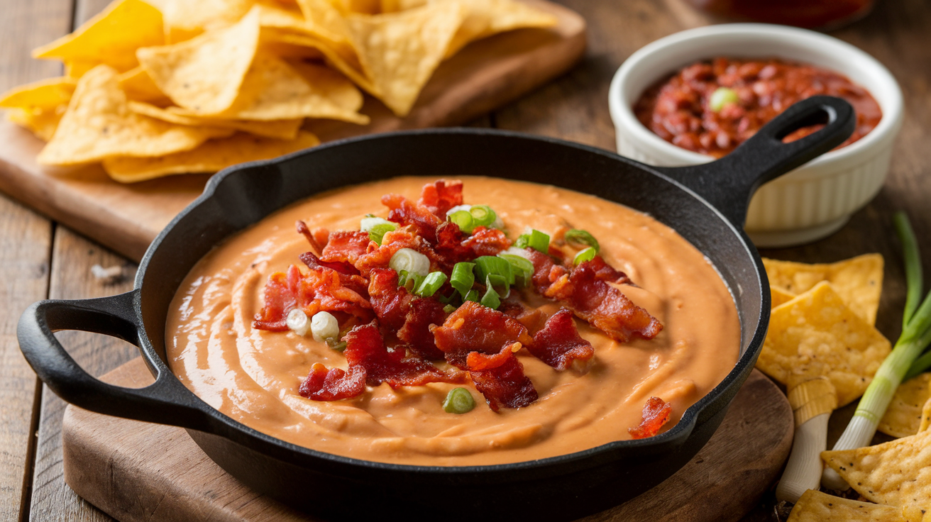 Sizzling Bacon Cheeseburger Queso Dip with tortilla chips.Texas Roadhouse