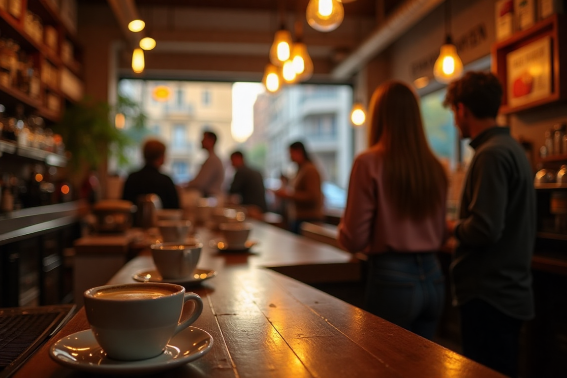 A bustling Italian espresso bar in the morning