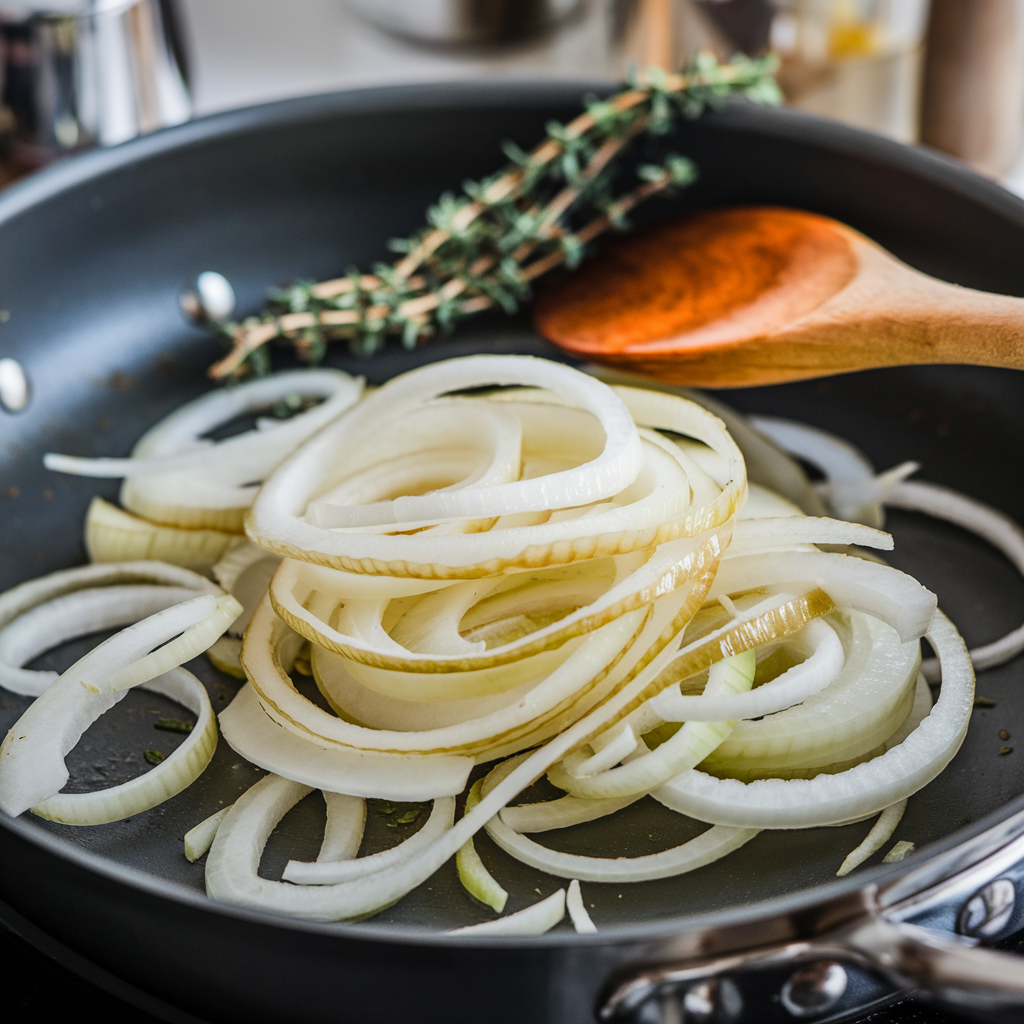 Sliced onions sautéing in a pan with a wooden spoon, highlighting the preparation process of clear onion soup.