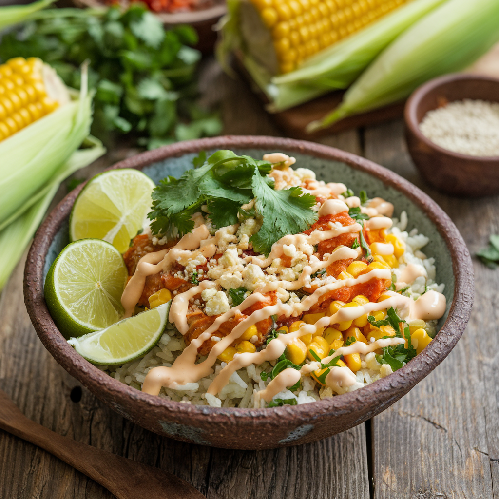 A vibrant street corn chicken rice bowl with colorful garnishes, fresh ingredients, and a creamy sauce.