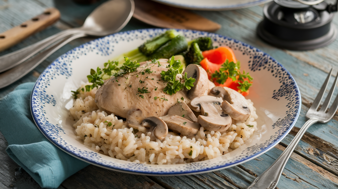 Cream of mushroom chicken and rice on a plate garnished with parsley.