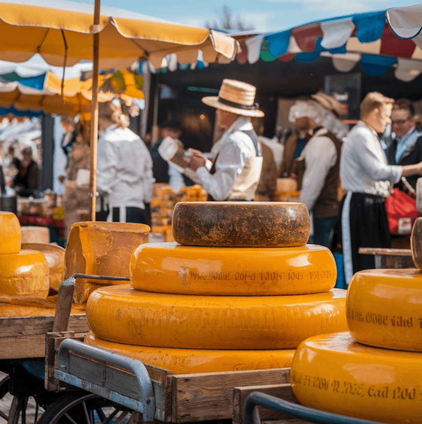 Cheese wheels displayed at a traditional Dutch cheese market.