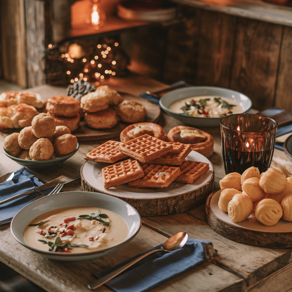 A selection of traditional Dutch foods on a wooden table