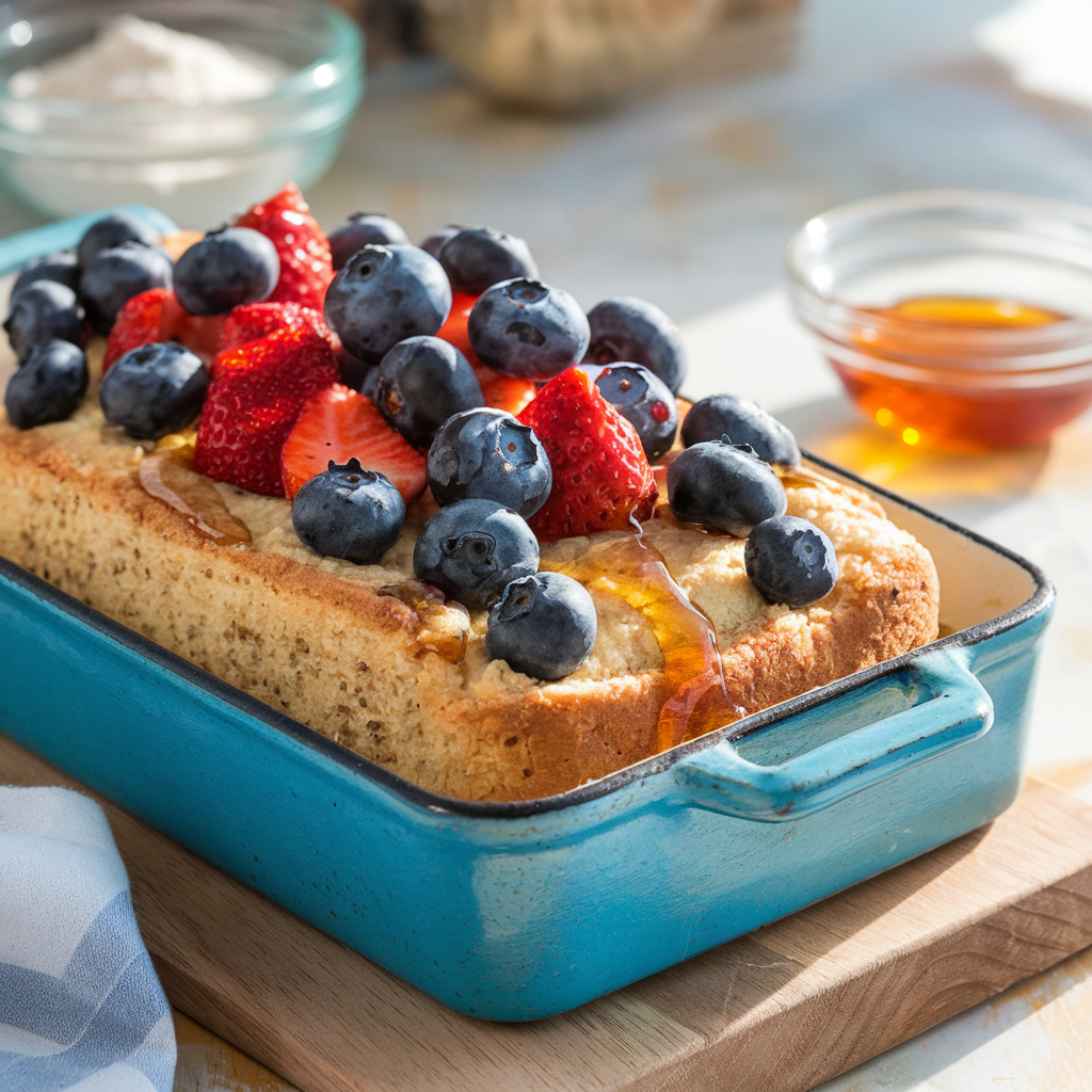 Stack of quinoa flour bread with syrup and berries on a plate.