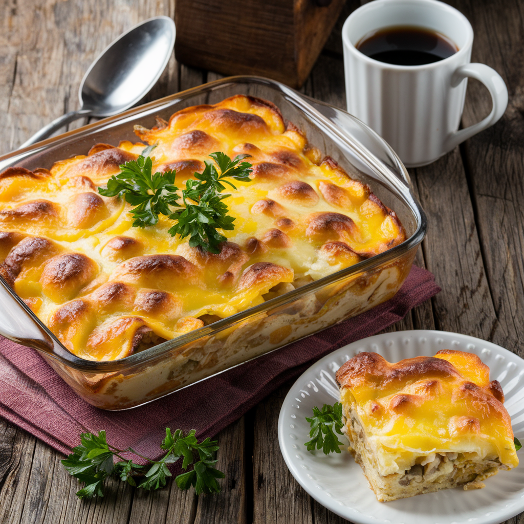 A freshly baked Amish breakfast casserole in a rectangular glass dish