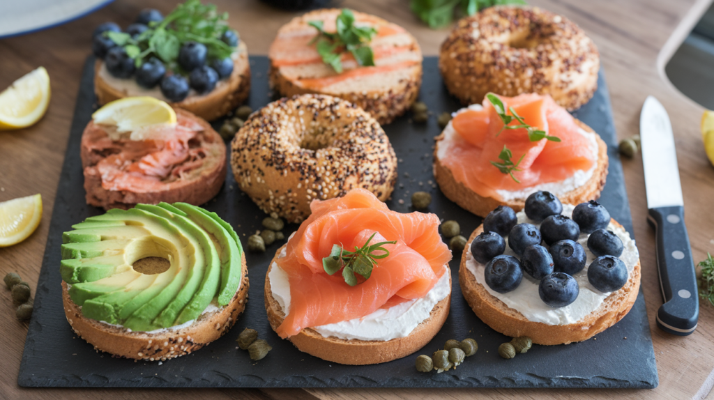 Gluten-free bagels topped with avocado, cream cheese, smoked salmon, and blueberries on a slate board.