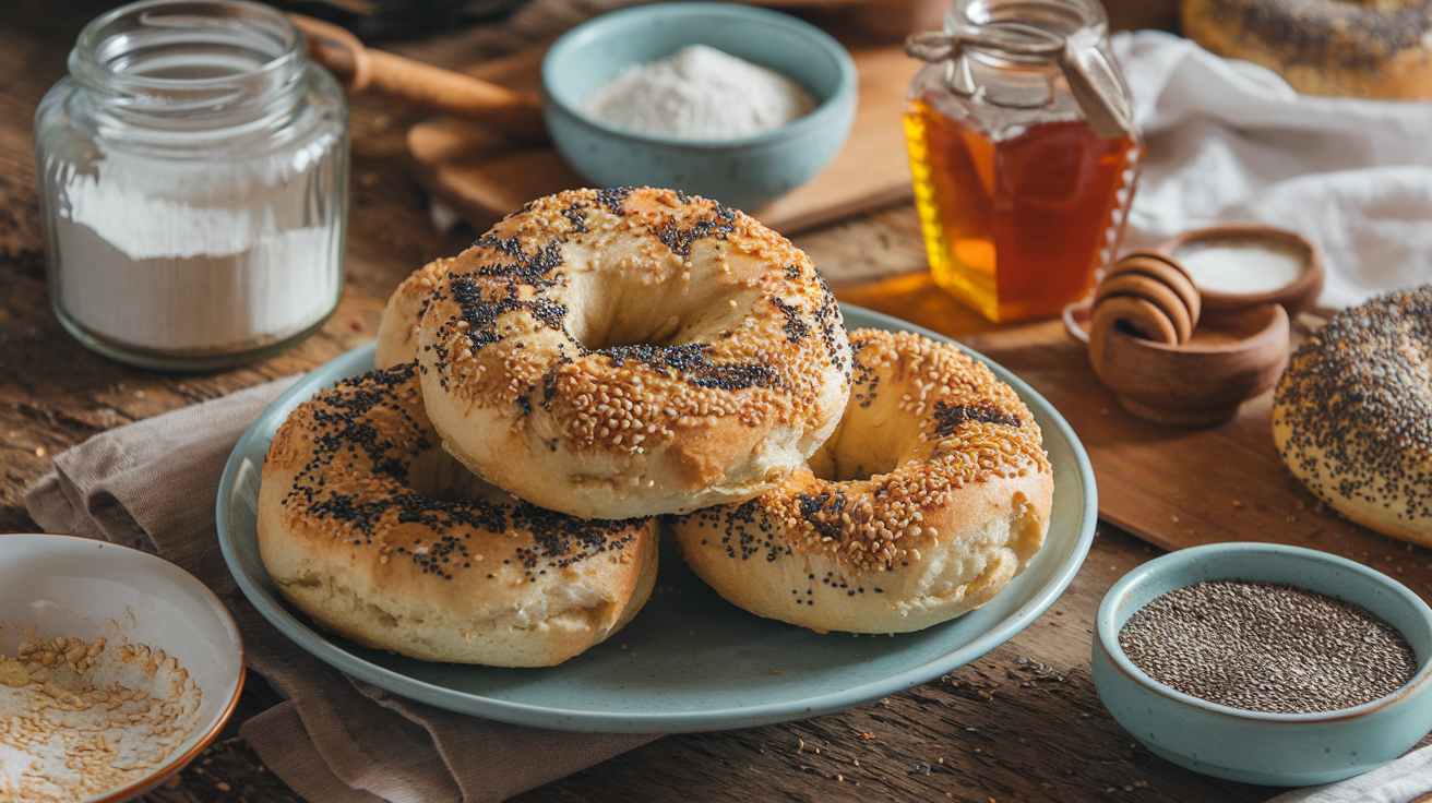 Freshly baked gluten-free bagels with sesame and poppy seeds on a wooden table.