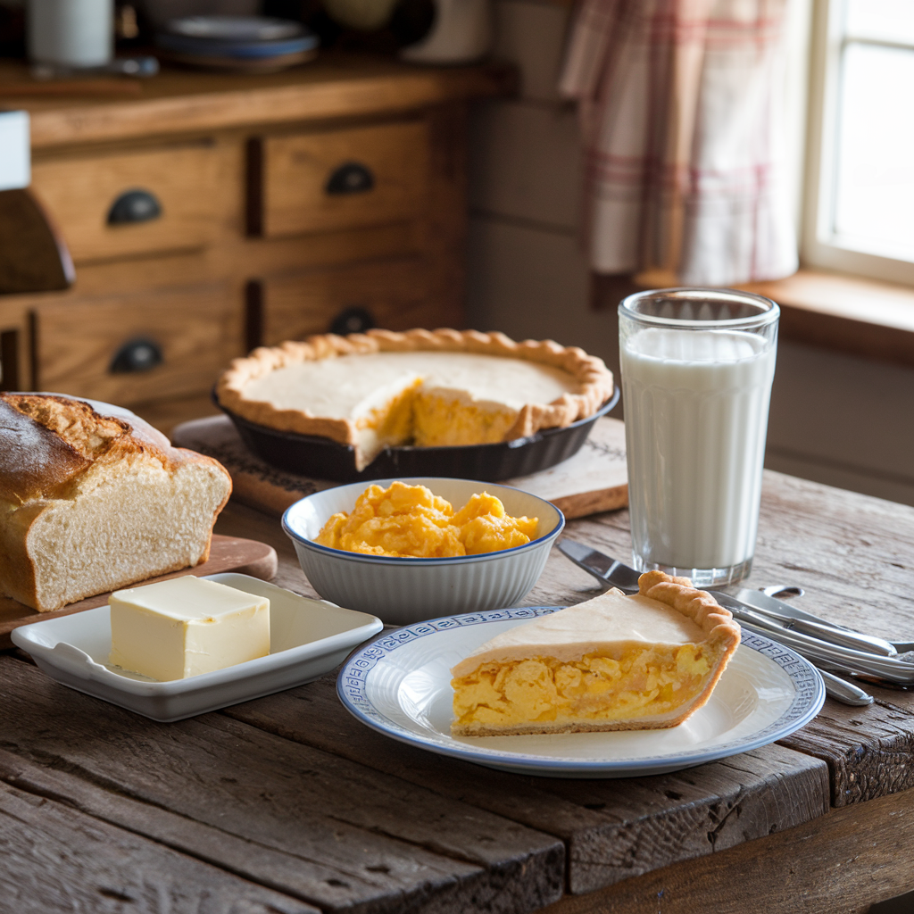 A rustic Amish breakfast spread with bread, butter, scrambled eggs, Shoofly pie, and fresh milk in a cozy kitchen setting.