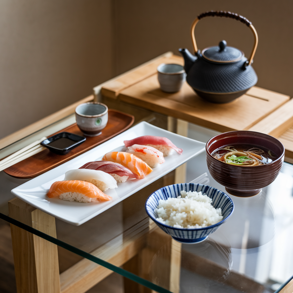 Japanese Onion Soup served with sushi, rice, and a teapot, displayed on a minimalist dining table.