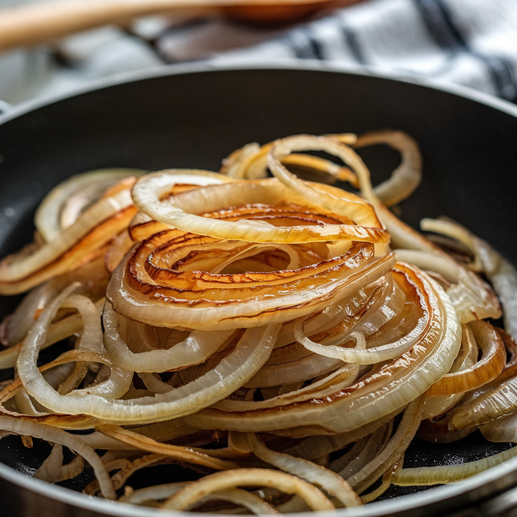 Caramelized onions being sautéed in a pan, showcasing their golden brown and glossy texture.