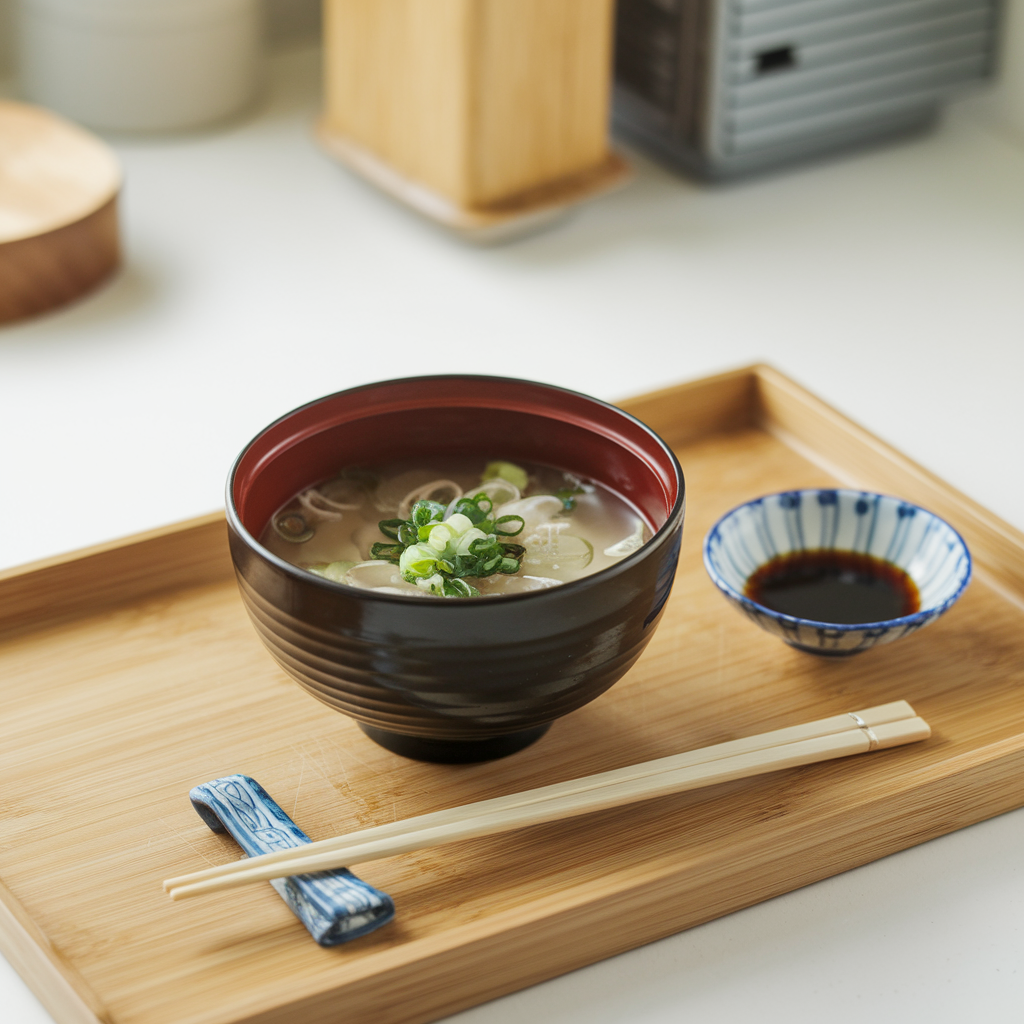 A bowl of Japanese Onion Soup garnished with green onions in a traditional setting with chopsticks and soy sauce.