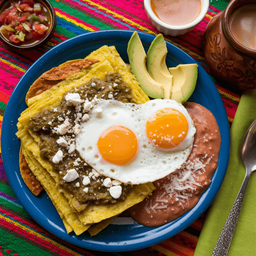 A close-up view of chilaquiles rojos (red salsa), with shredded chicken, cotija cheese, cilantro, and a fried egg. The dish is surrounded by a bowl of sliced limes, a clay pot of black beans, and a basket of warm corn tortillas wrapped in a cloth.