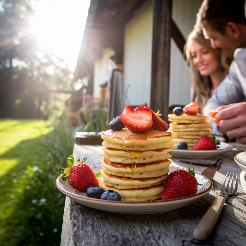 A stack of mini pancakes topped with fresh strawberries, blueberries, and syrup on a rustic table.