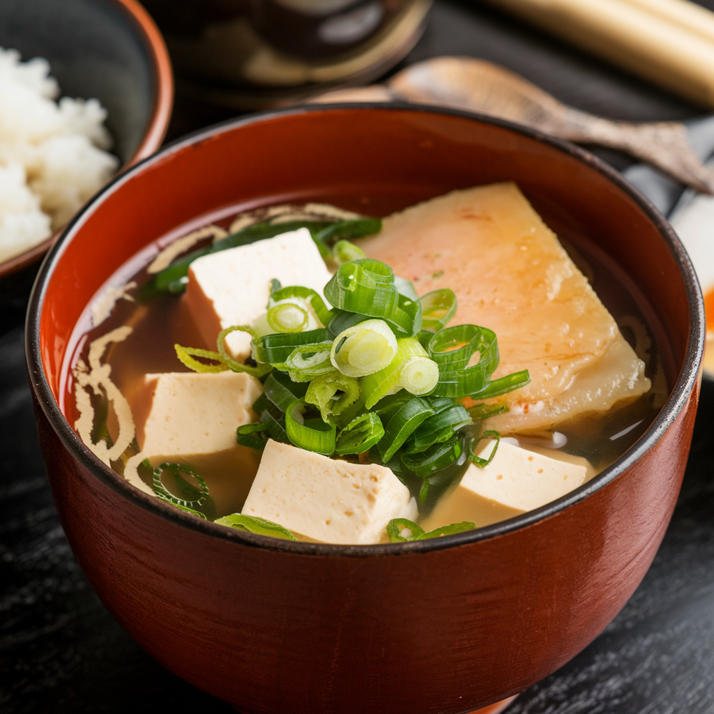 raditional Japanese miso soup with tofu, green onions, and fish cake in a wooden bowl.