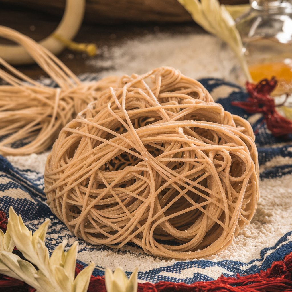 A close-up of su filindeu, an intricate Sardinian pasta woven into thin, delicate threads, surrounded by traditional ingredients like flour and water.