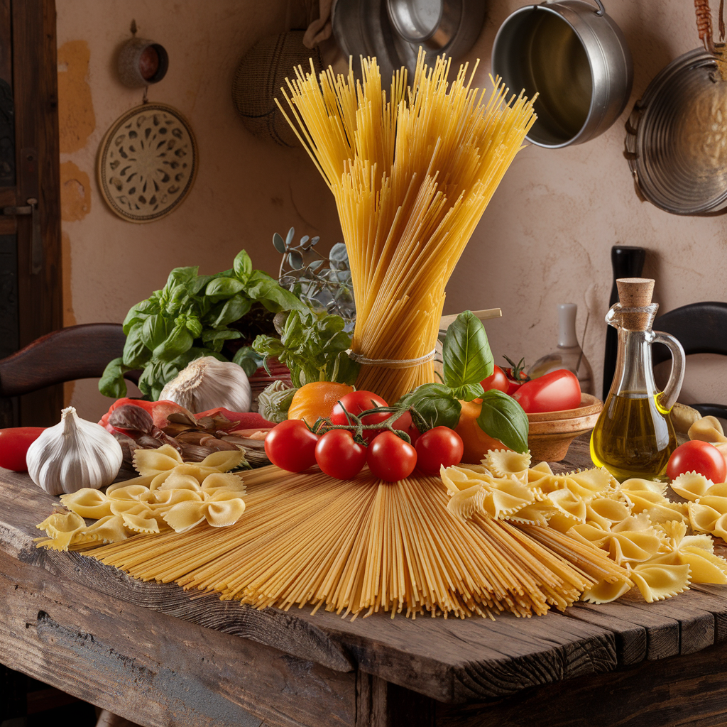 An assortment of traditional Italian pasta varieties, including spaghetti, rigatoni, and farfalle, displayed on a rustic wooden table with fresh ingredients like tomatoes, basil, and garlic