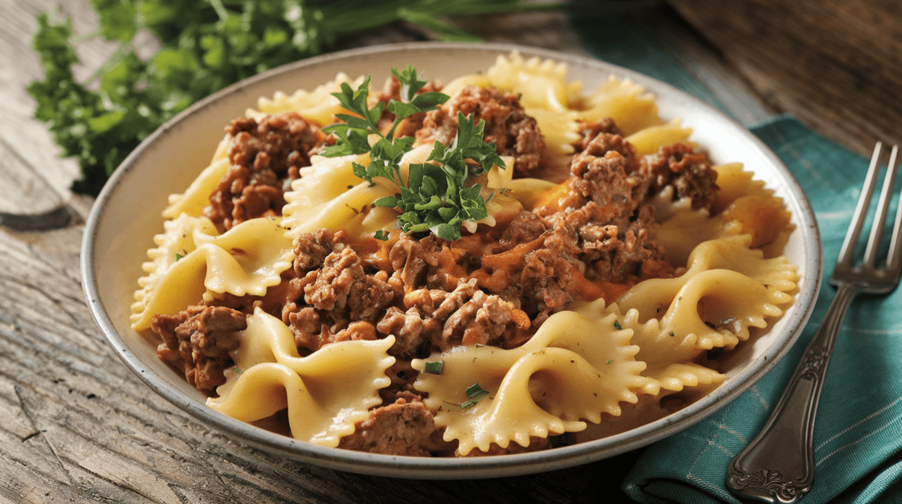 Velveeta Beef Bowtie Pasta served in a bowl on a rustic wooden table.