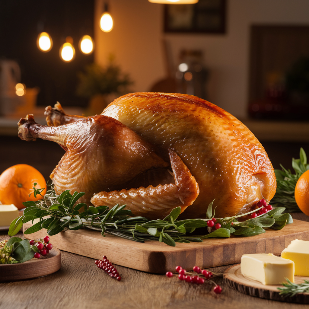 A perfectly roasted turkey with crispy golden skin, surrounded by fresh herbs, on a wooden cutting board in a warm kitchen setting.