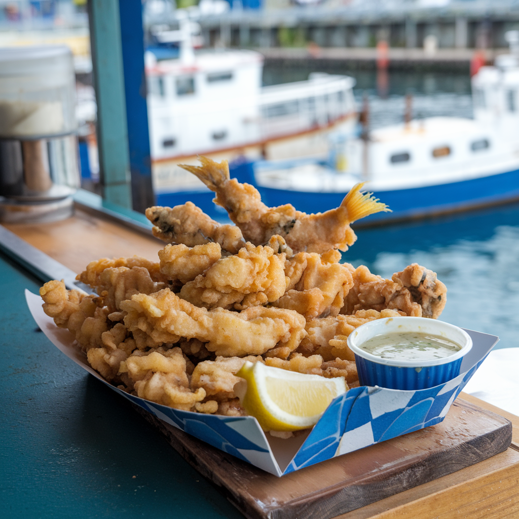 A serving of kibbeling with dipping sauce.