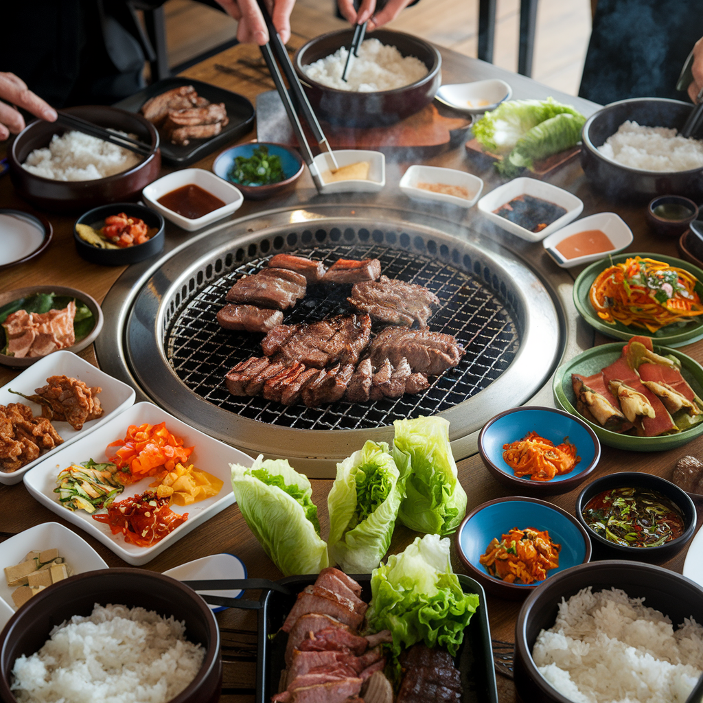 A lively table filled with grilled meats, colorful side dishes, and dipping sauces, showcasing the communal joy of Korean BBQ.