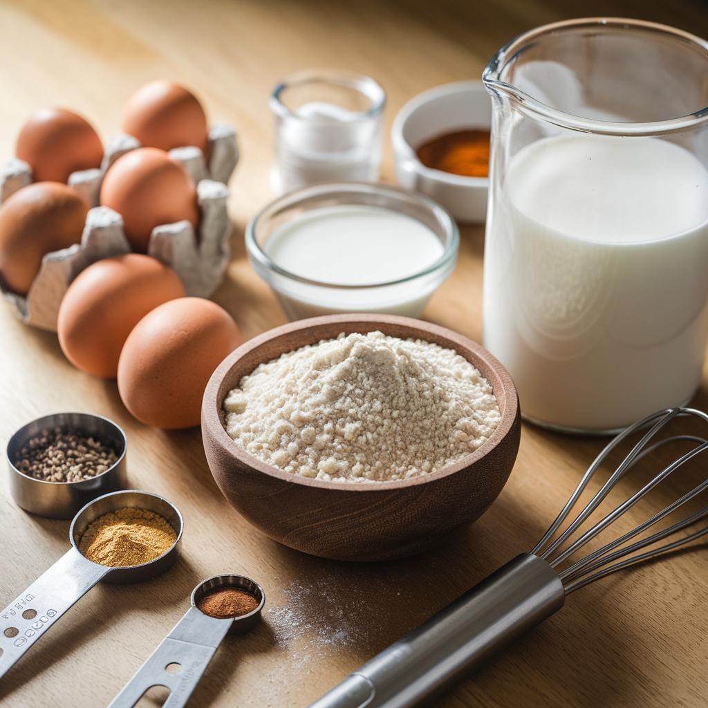 Quinoa flour and other ingredients arranged for making pancakes.