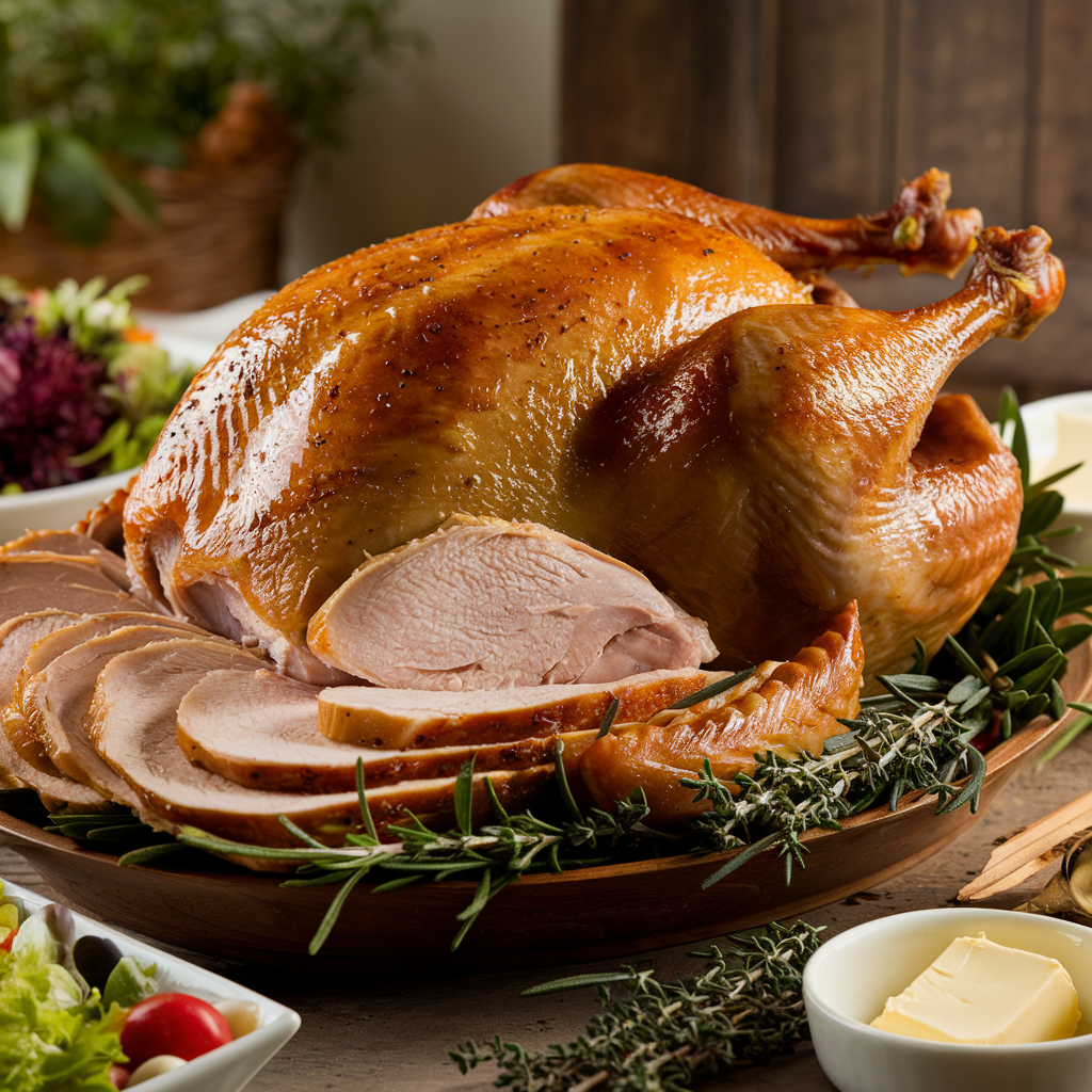 A golden-brown roasted turkey with crispy skin, garnished with fresh herbs and a bowl of butter, ready for serving.