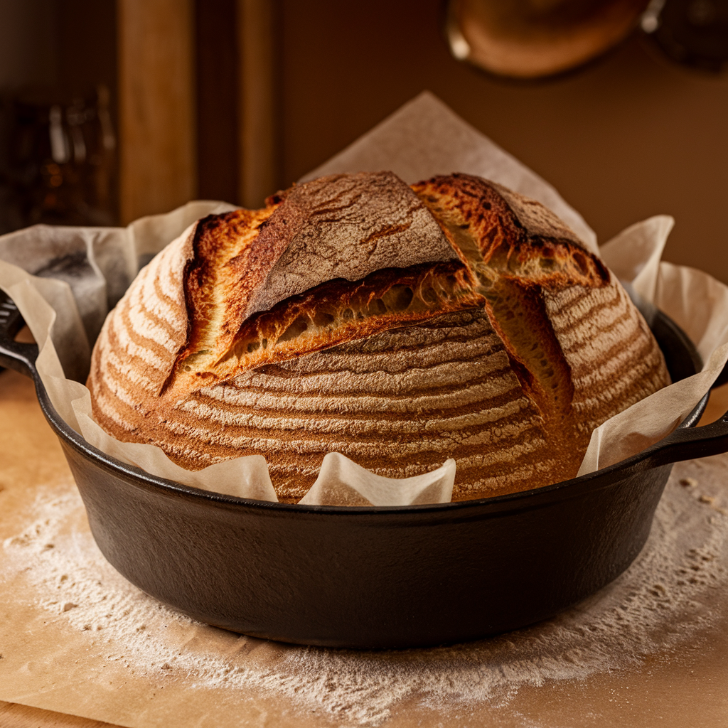 Freshly baked Dutch oven bread with a golden, crispy crust.