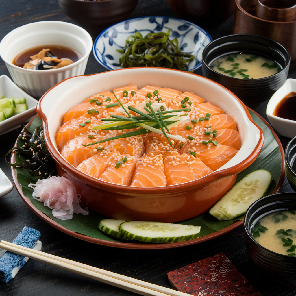 Salmon sushi bake served with side dishes like seaweed salad and miso soup