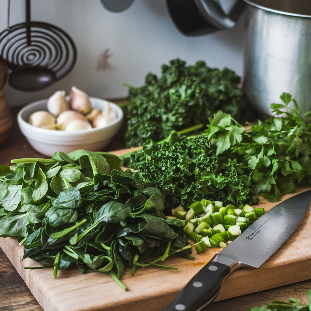 Chopped fresh greens and herbs on a wooden cutting board.