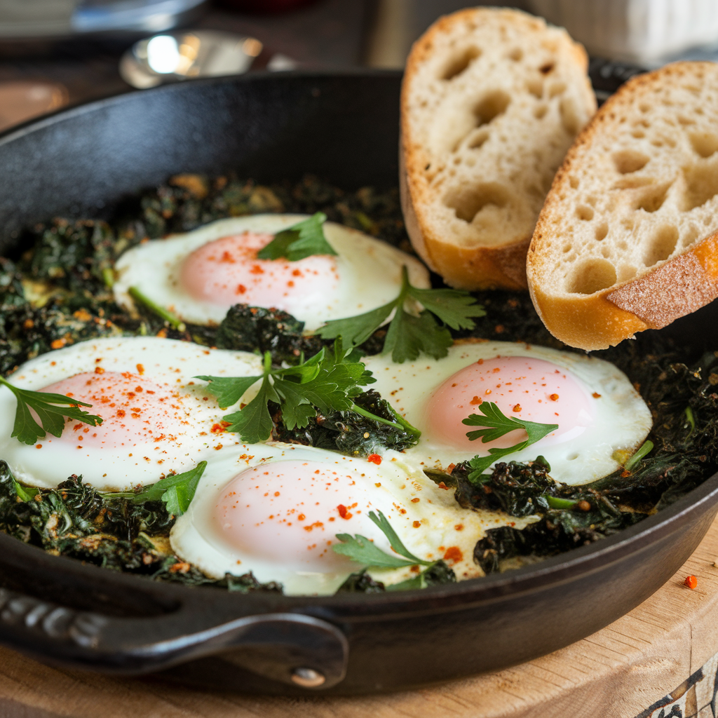 Green shakshuka served in a skillet with fresh herbs and bread.