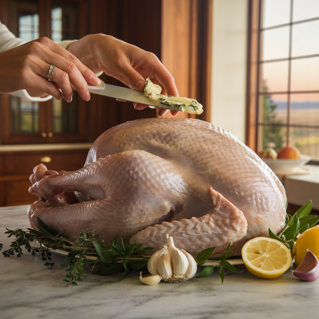 Hands spreading herb-infused butter under the skin of a raw turkey, surrounded by fresh ingredients for seasoning.