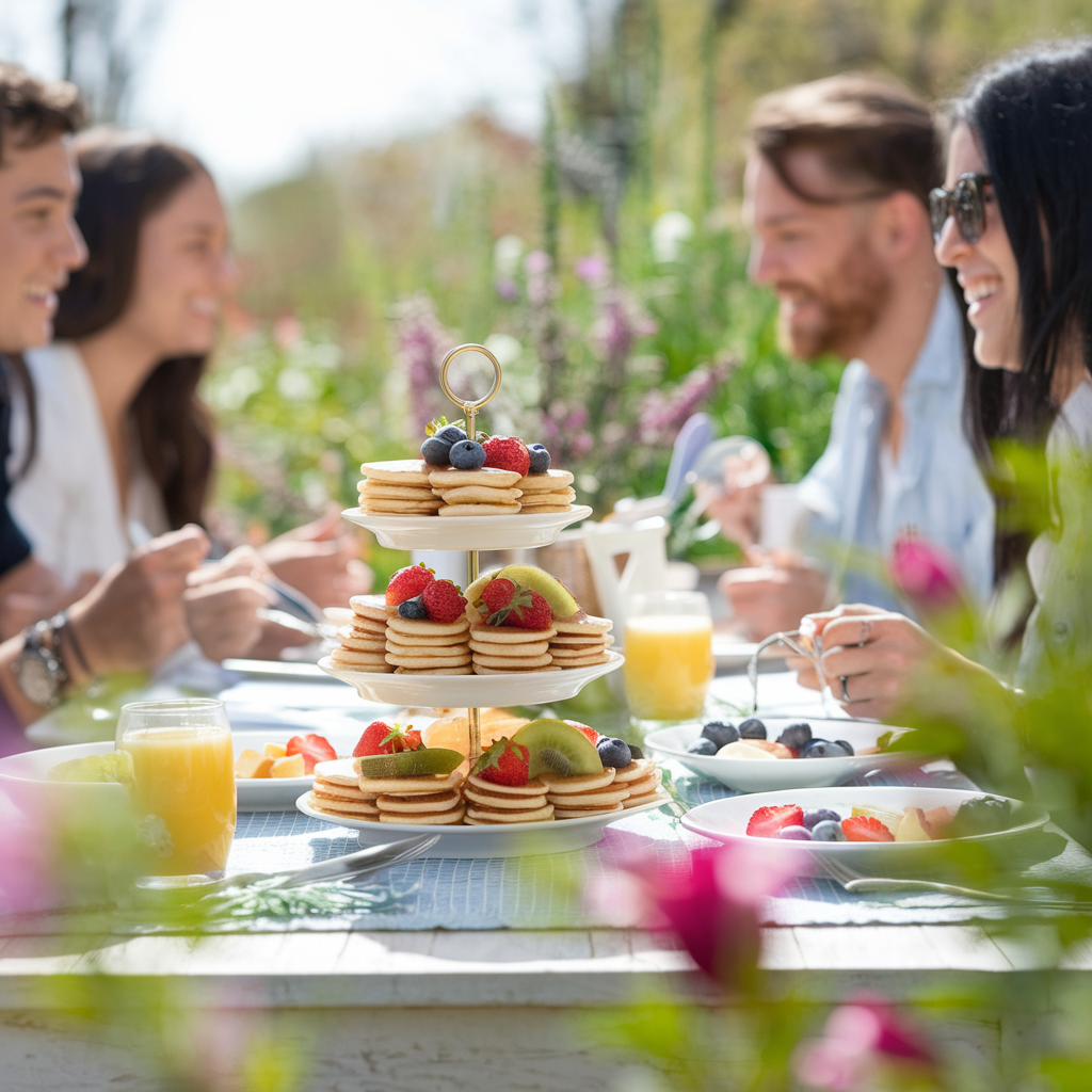 An assortment of mini pancakes arranged on a tier alternating with fresh fruits such as strawberries, blueberries and kiwi on a breakfast table that is a reflection