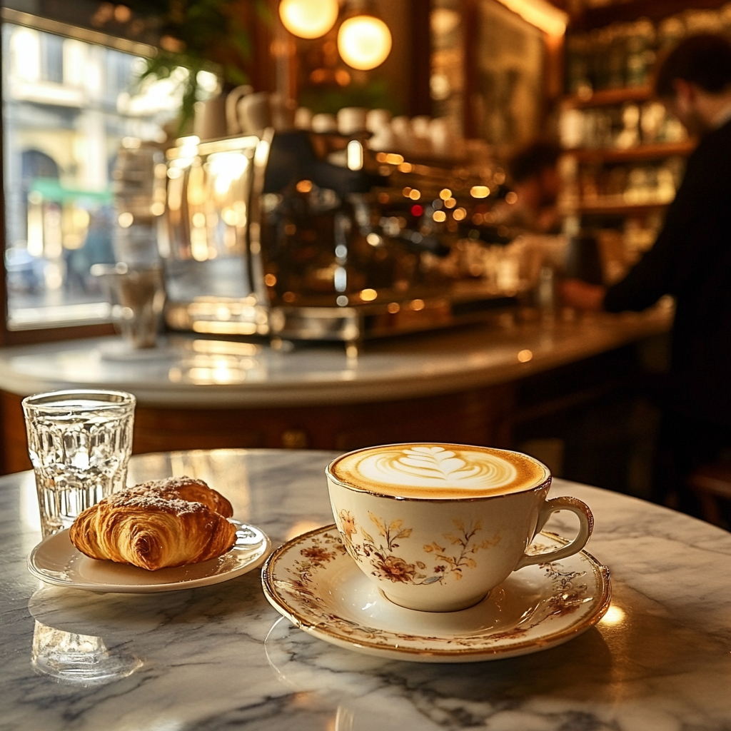 A group of friends enjoying espresso at a standing bar in an Italian café.