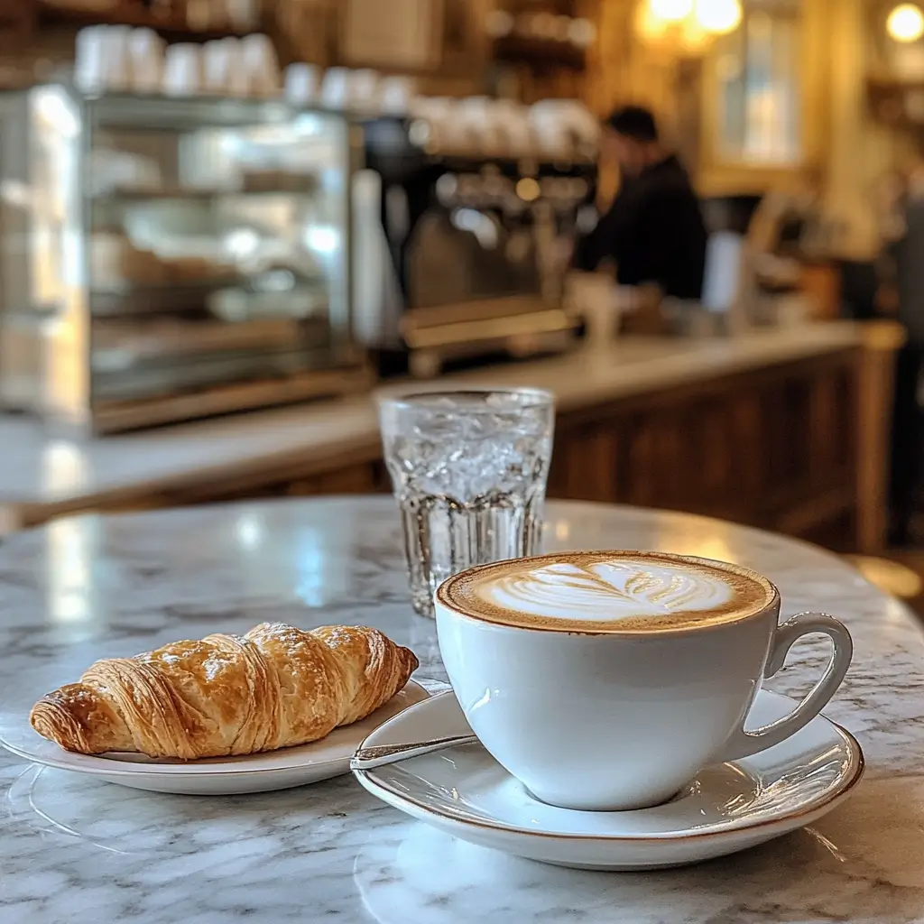 A marble table in an Italian café with a cappuccino, cornetto, and a glass of water