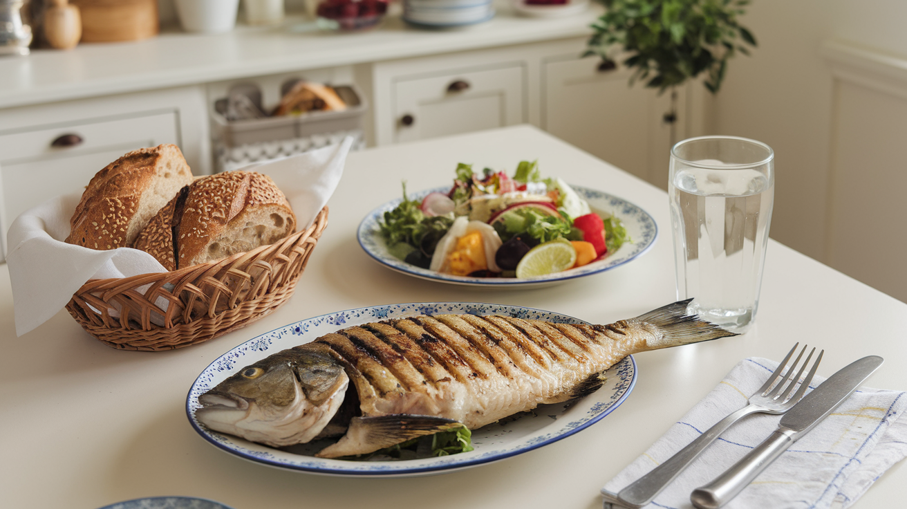 Grilled Fluke plated in a stunning kitchen setting, accompanied by a colorful salad, a glass of juice water, and sesame seed-topped bread, under warm and elegant lighting.