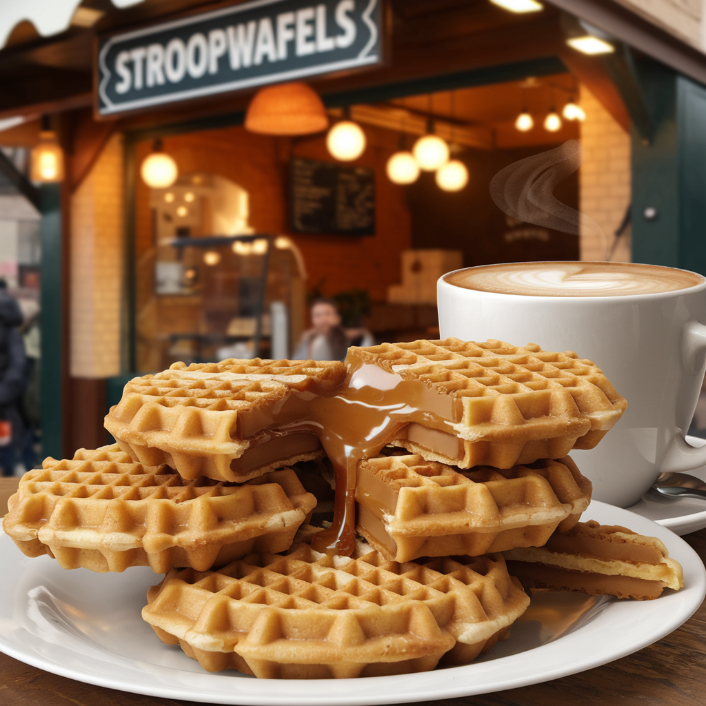 Freshly made stroopwafels stacked on a wooden table.