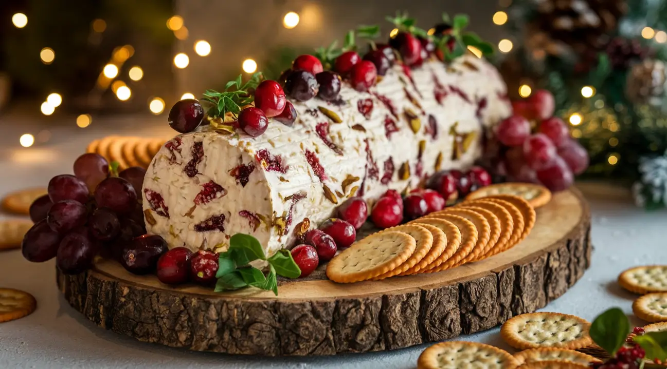 Cranberry Pistachio Fig Cheese Log with crackers and grapes