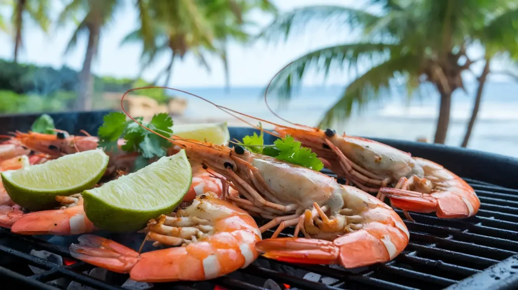 Grilled shrimp sizzling on a barbecue with lime and cilantro