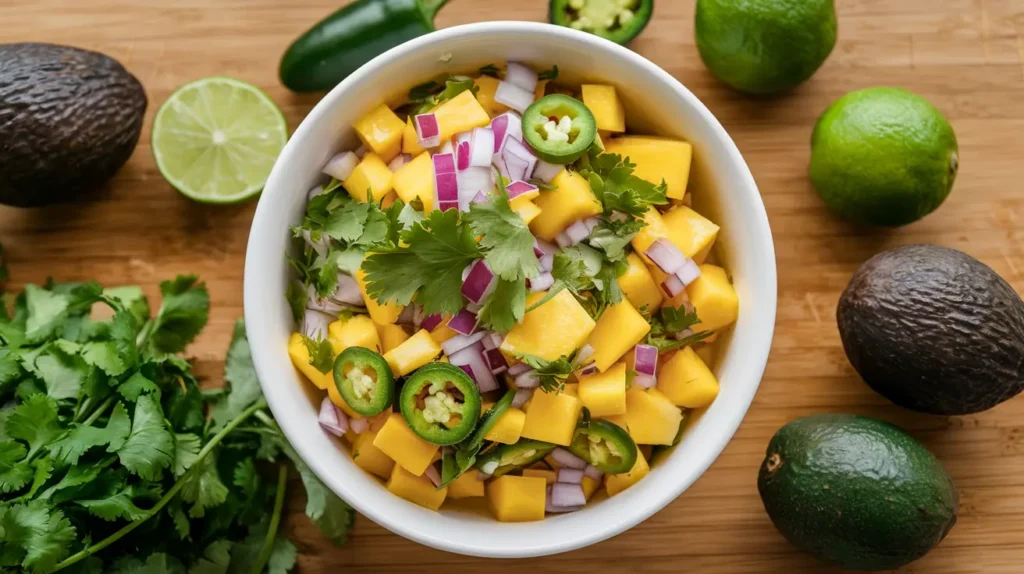 Freshly prepared mango salsa with red onions, cilantro, and jalapeños