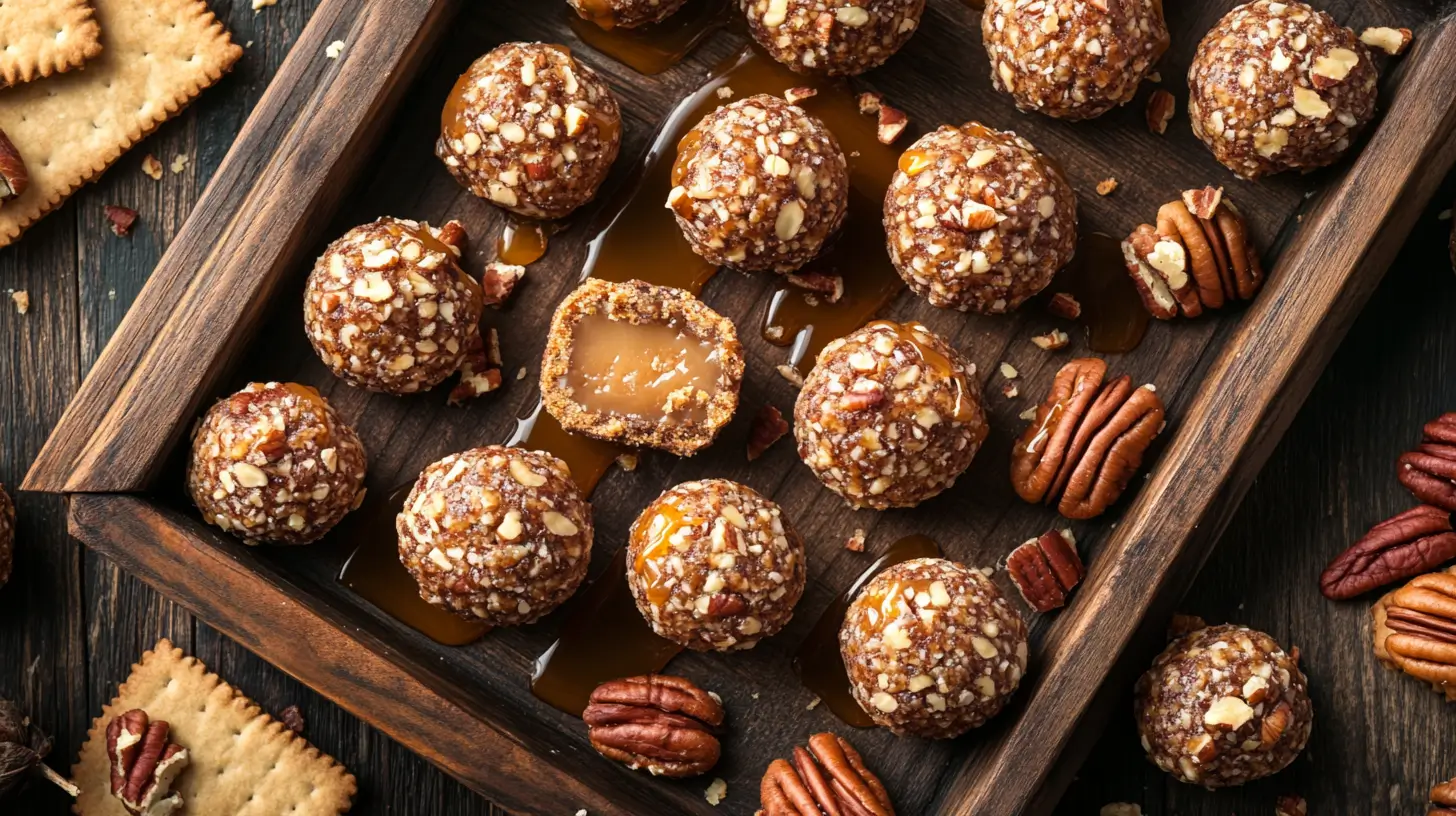 No-Bake Pecan Pie Balls with powdered sugar on a rustic platter.