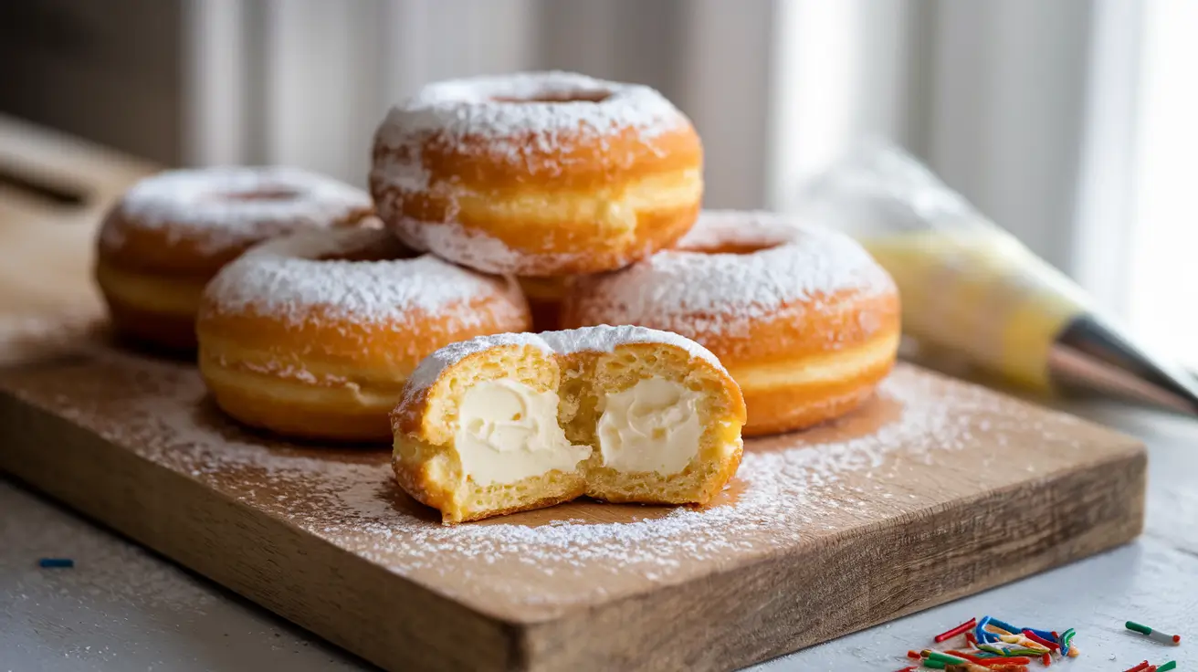 Close-up of golden long cream donuts with cream filling.